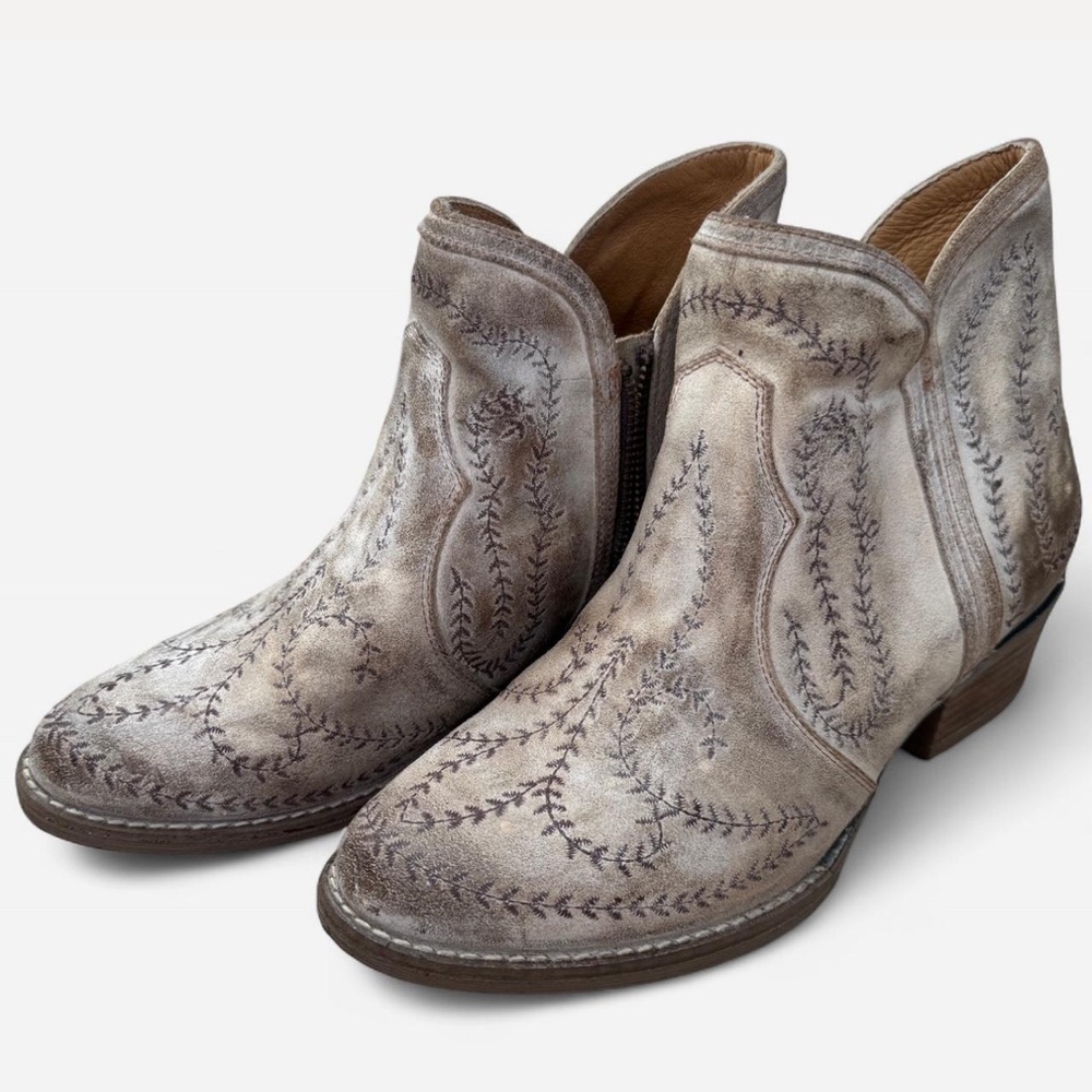 Embroidered Tan Ankle Boots